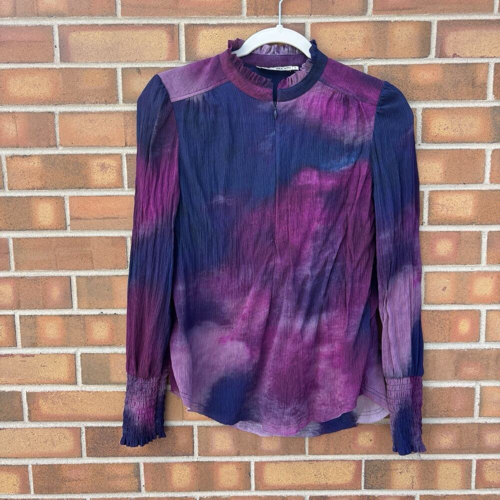 Go Silk Abstract Cloud Print Blue Purple Blouse Zip V Neck Womens XS